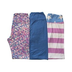 Lot 3 Pairs of LuLaRoe OS Leggings Pink Stars Stripes Cream Floral Heather Blue